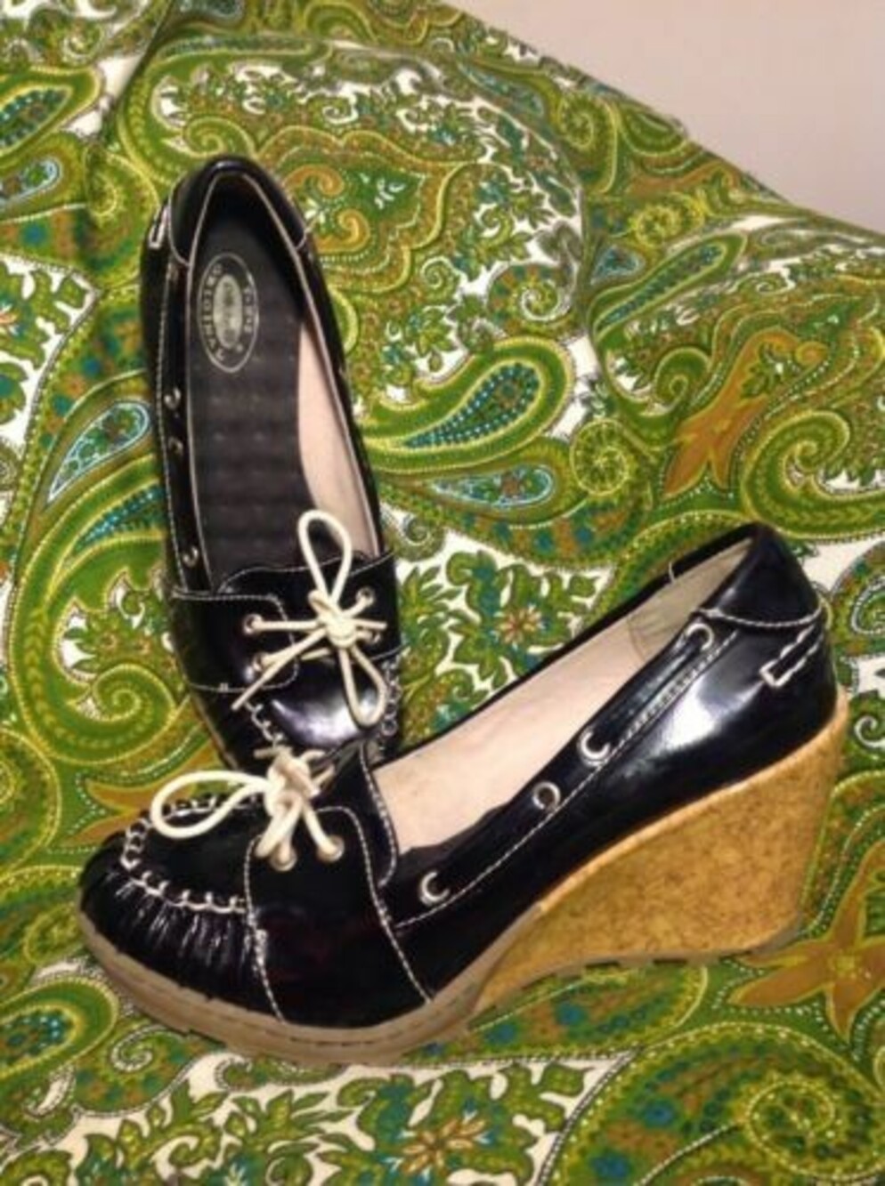 DR. SCHOLLS WOMEN'S SEASHORE 5.5M CORK WEDGE HEEL BLACK WEDGE HEEL SHOES BOW